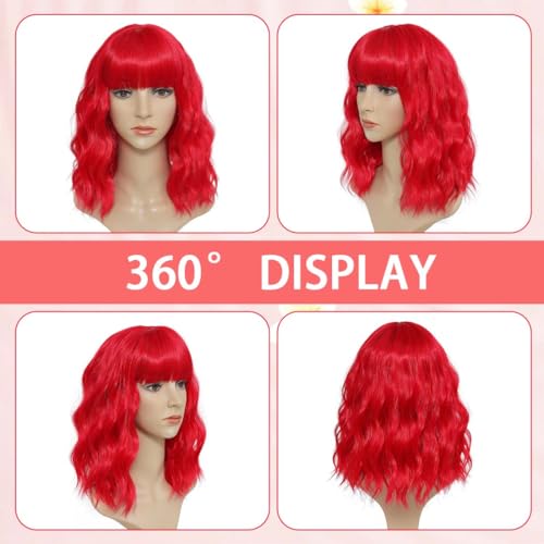 Image of Pastel Dark Red Wavy Bob Wig for Women, Short Shoulder Length Synthetic Wig with Bangs, Matte Natural Realistic Look Lightweight Hairpiece, Red Color for Daily Wear & Cosplay Costume