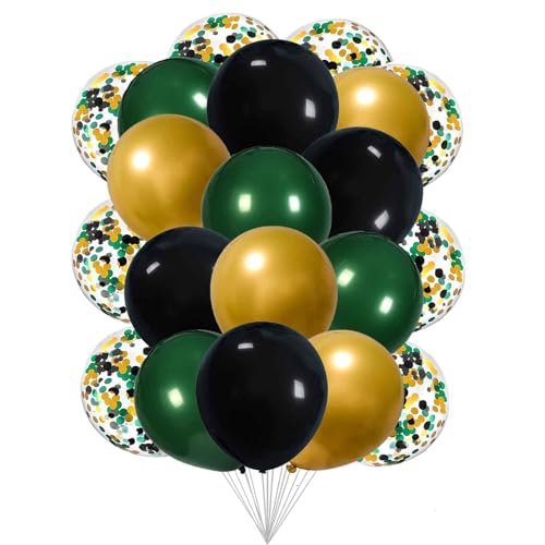 Image of We Moment 12 Inch Black Balloons Dark Green Balloons And Chrome Metallic Gold Balloon with Confetti Balloons,for Baby Shower Green, Black and Gold Forest Party Decorations Pack of 50
