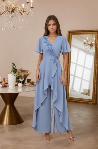 Women's Chiffon Mother of The Bride Jumpsuit for Wedding Puffy Sleeve Lace Appliques Formal 2 Pieces Evening Pant Suits4
