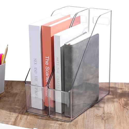 MAQUITA Magazine Holder, 2 Pack Acrylic Magazine File Holder,A4 Vertical File Organizer with Handle for Desk,Clear Document Rack File Folder Storage Bin