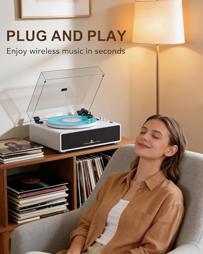 Image of Record Player with Built-in Four Stereo Speakers, Three LED Lighting Modes, AT-3600L Cartridge, All-in-one Vinyl Record Player Support Bluetooth Playback Auto Stop 33&45 RPM Speed RCA Out AUX in White