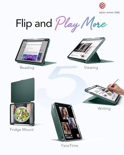 Image of ESR for iPad Air 11 Inch Case M4 /M3 /M2 (2026 /2025 /2024), iPad Air 5th /4th Gen Case (2022 /2020), Vertical Stand Cover with Pencil Holder, Ultra-Stable Cover, Multi Stand Angles, Flip Series, Green