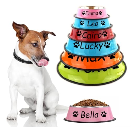 Keruidian Personalisierter Namensnapf Für Hunde Und Katzen, Edelstahlnapf Für Haustiere, Bunt, Wasserfutter, Rutschfestes Essbecken, Runder, Personalisierter Napf In Verschiedenen Größen (Rot)