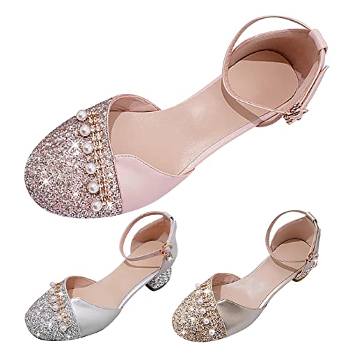Betadog Girls Sandals Kids Glitter Bow Dress Shoes Heel Sequins Princess Sandals Toddler Flower Wedding Party Shoes (Pink-d, 3.5)2