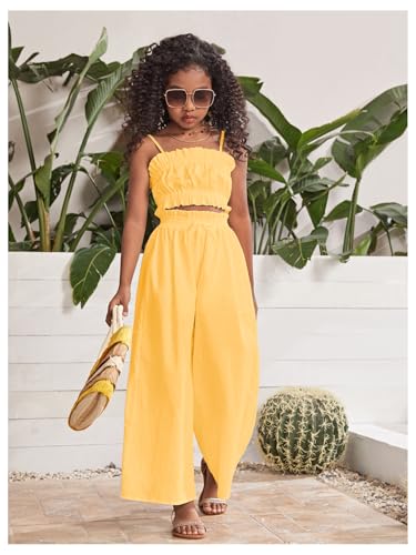 Image of Floerns Girl's 2 Piece Set Ruffle Trim Cami Tops with Paperbag Waist Wide Leg Pants
