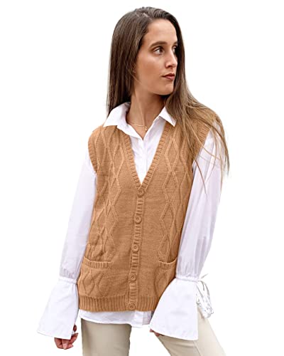 Tinkuy Peru Women’s Button-Up Cardigan, Authentic Peruvian Alpaca Wool V Neck Knitted Argyle Sweater Vest (Camel, Large) #TOP11