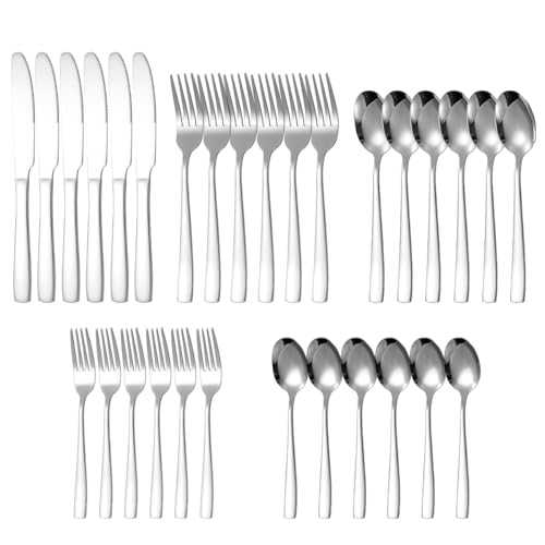 Hive Mind 30本セット カトラリーアソートセット 6人用 スプーン フォーク ナイフ レストラン用 家庭用 食洗機対応 結婚祝い プレゼント (シルバー) - Hive Mind - 商品画像