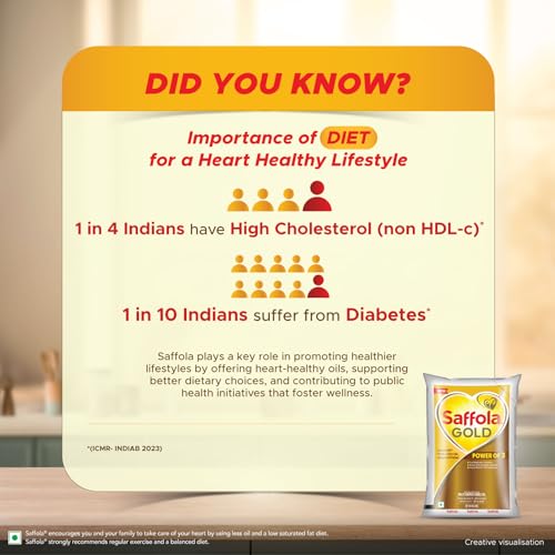 Image of Saffola Gold Refined Cooking oil | Power of 3 - Balance of Good Fats, Triple Anti-Oxidant System & Fortified with Vitamins | Multi-Source Edible Rice Bran & Corn Oil | 3 Litre Standee pouch