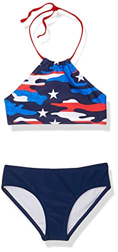 Kanu Surf Girls' Mahina UPF 50+ Beach Sport Halter Bikini 2-Piece Swimsuit, American Dream Flag, 12