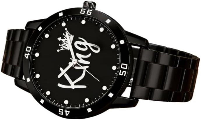 Analog Watch with King Theme Round Dial and Textured Black PU Leather Strap for Men and Boys - Black and Yellow Accents