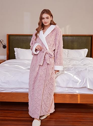 LKG Women Hooded Fleece Robe,Lightweight Plush Warm Winter Bathrobes for Women Full Length (Medium, Pink)4