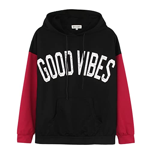 PESION Womens Black Oversized Hoodie Good Vibes Vintage Graphic Pullover Sweatshirts S
