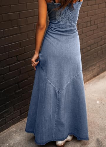 chouyatou Women's Spaghetti Strap Smocked Back Denim Dress Button Down A-Line Swing Flowy Maxi Jean Dress3