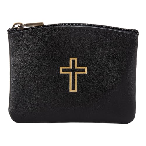 Rosary Pouch Catholic with Zipper and Gold Cross Imprint Rosary Holder Case Coin Purses Portable Religious Bag for Easter Lent Travel 4.2x3.2 Inches