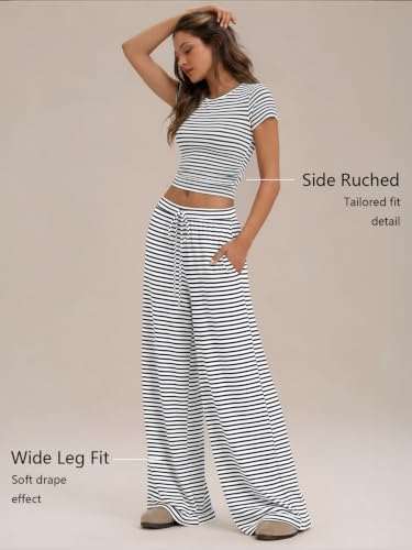 Image of Trendy Queen 2 Piece Matching Summer Lounge Set Womens Side Ruching Top Wide Leg Pants Sets with Pockets