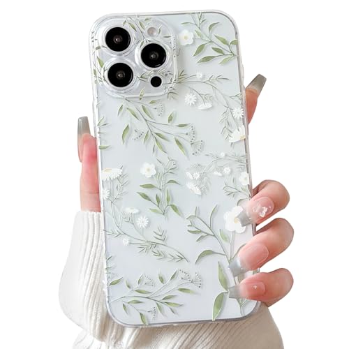 Lovmooful Compatible for iPhone 16 Pro Case Cute Clear Flower Floral Leaves Design for Girls Women Soft TPU Shockproof Protective Girly for iPhone 16 Pro-Green Branches