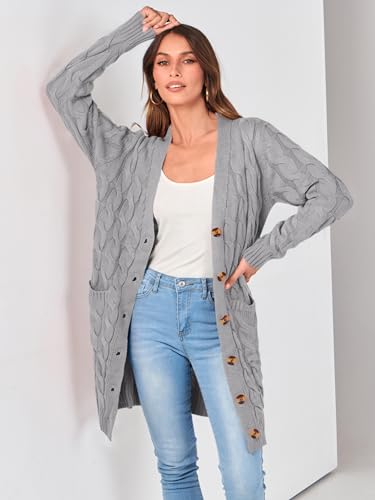 Image of PRETTYGARDEN Long Sleeve Cable Knit Long Cardigan for Women 2026 Spring Winter Chunky Open Front Button Sweaters with Pockets