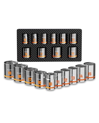 Crosstar 10pcs 3/8' Drive thin wall Shallow Socket Set, Low Profile Stubby Socket Set with EVA foam, 6-Point Mechanic Metric Socket Sets in 10mm-19mm for tight space,use with ratchet wrenches