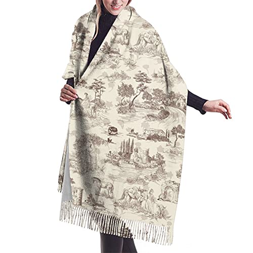 USMEISANSHI Toile De Jouy Stile Beige et Marron Rétro Paysage 10 Châle Hiver pour Femme Doux Chaud Toucher Cachemire Châle Pashmina Écharpe Pompons, Toile De Jouy Stile Beige et Marron Rétro Landsca,