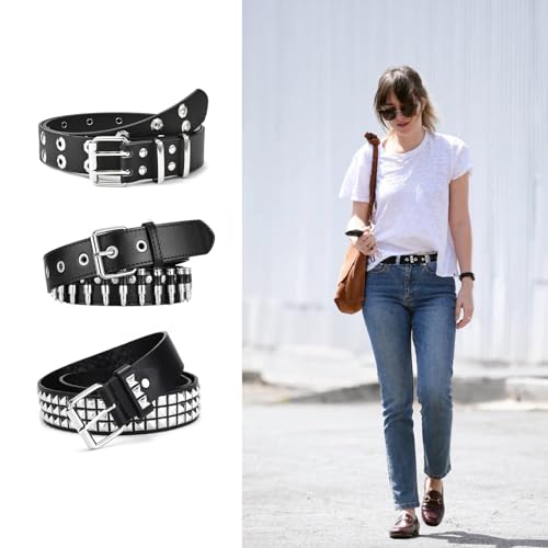 QCWN 3-Pack Y2K Belt Set – Studded Belt with Goth and Punk Rock Accessories Style, Bullet & Square Rivet Designs Essentials for Daily Life & Parties​2