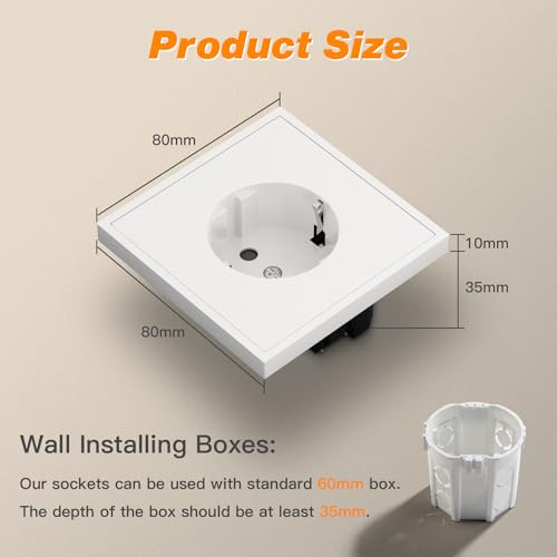 MVAVA Schuko Steckdose EU-Standard, 1 Fach Unterputz Steckdose, 80mm x 80mm Steckdosen, Einfache Installation, 3-Draht Erforderlich, Weiß – Ansicht 2