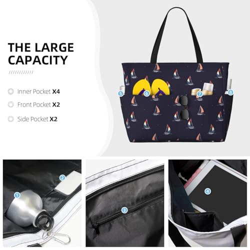 Large Beach Bags Water-resistant Sandproof - polka dots sailboat Navyblue Cute Beach Tote Bags for Women with Zipper3
