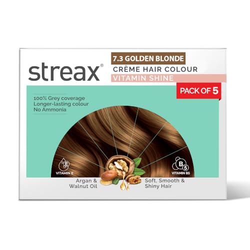 Streax Crème Permanent Hair Colour – 7.3 Golden Blonde Hair Color- 45gm (Pack of 5), 100% Grey coverage, Long Lasting Hair colour for women