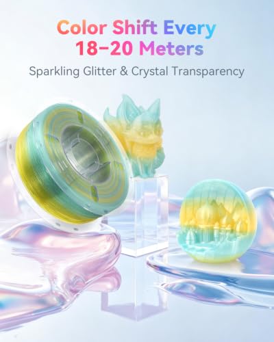 Image of VOXELAB PLA Crystal Rainbow Filament 1.75mm, Oz Wizard Green Color, Alternating Light Yellow & Light Blue Every 18-20M, Shiny Glitter Fast Color Change 3D Printing Material
