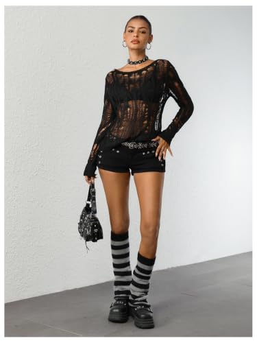 Image of RoseSeek Women's Plus Size Y2K Cut Out Long Sleeve Punk Grunge Knit Sweater