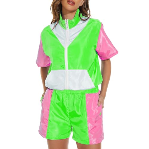 NaLatia Survêtement de sport des années 80 pour femme - Rétro - Manches courtes - Veste et short - Coloré - Hip-Hop Disco - Tenue des années 80 et 90