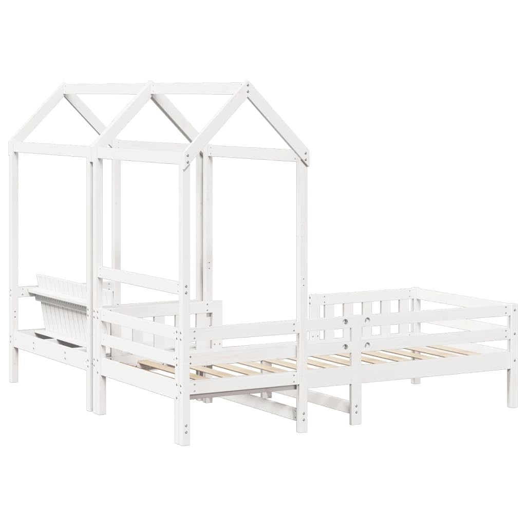 Giroletto Bianco con Panca e Tetto 80x200cm Legno Massello Pino Letto per Bambini con Sponde Schienale Telo Tenda per Cameretta Divertente Design Moderno