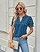 Blooming Jelly Womens Puff Sleeve Summer Tops Chiffon Short Sleeve Blouses White V Neck Pom Pom Shirts (Large, Dark Blue)