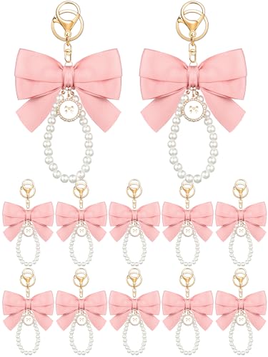 Sureio 12 Pcs Pink Bow Keychain Cute Coquette Pearl Bowknot Keyring Bulk Wristlet Keychain Vintage Ribbon Aesthetic Pearl Purse Bag Charm Accessories for Women Backpack Car Handbags
