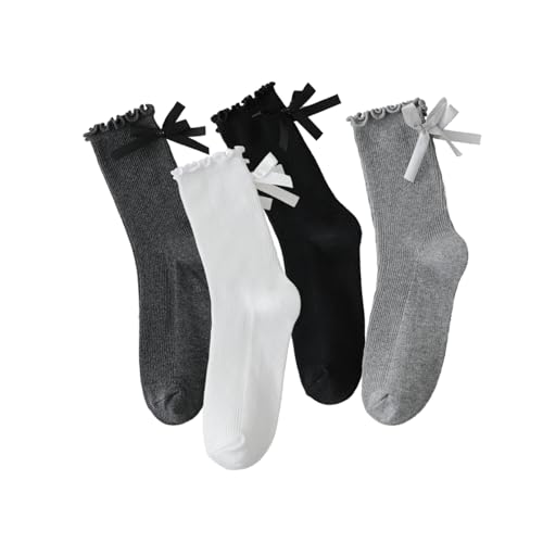 Image of Womens Bow Socks Ruffle Casual Crew Black Whitte Soft Breathable Cotton 4 Pairs Socks