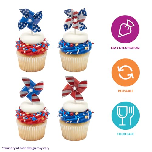 24 x Red, White, Blue Cupcake Toppers By DecoPac, Spinning Pinwheel Decorations, Patriotic Food Safe 4th July Party Decorations - 24 Pack by DecoPac - Used condition - Image 3
