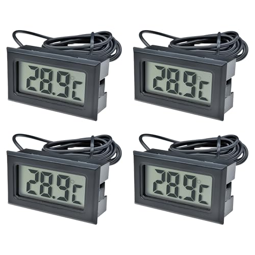 4 Pack Digital LCD Thermometer, Temperature Monitor with External Probe Fishtank Water Temperature Thermodetector Temperature Humidity Gauge Meter for Fridge Freezer Refrigerator Aquarium Black