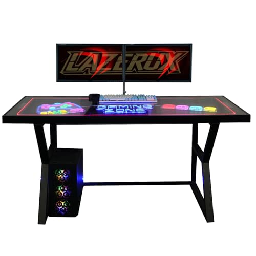 lazerux – Le Seul Bureau Que Vous Pouvez Personnaliser Selon Vos Envies – Bureau Gamer avec Éclairage LED et Plateau en Verre – Bois Laqué Blanc 160x60 cm – (Voir Description pour Le Contenu Inclus)