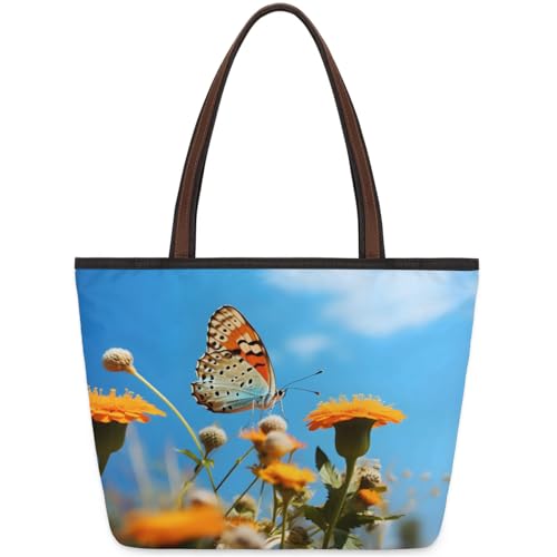Sky Flower Butterfly Tote Bag Multi Pocket Zippered Beach Bag Lightweight Waterproof Handbag for Women Men Work Gym Travel Swimming Yoga Grocery Shopping M