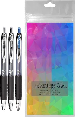Image of Signo 207 Roller Ball Retractable Gel Pens, Bold Point (1.0mm), Black And Blue Ink, 3 Count, Bundle with Plastic Reusable Pouch