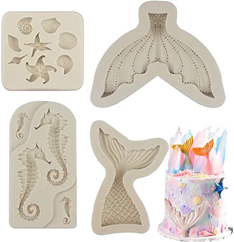 4 Pack Marine Theme Silicone Mold Fondant Molds Seahorse Seashell Starfish Mermaid Tail Silicone Mold Gum Paste Molds Candy Chocolate Molds for Cake Decoration Sugar Crafts