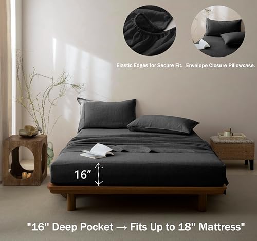 Talasily 100% French Pure Linen Sheets Set Full Size,Oeko-TEX Certified Bedding, All-Season Breathable for Hot Sleepers,16 Inch Deep Pocket Machine Washable 4-Piece (Dark Grey)