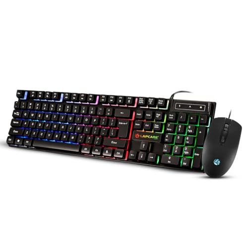 Image of LAPCARE Rapido II Wired Gaming Keyboard & Mouse Combo with Rainbow LED Backlit, 104 Laser Printed Keys, 1600 DPI Gaming Mouse, USB Plug & Play, Windows Compatible