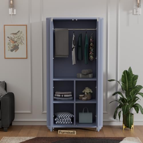Image of 2 Door Wardrobe Almirah for Bedroom, 72 Inch | Premium HDHMR Wooden Cupboard with Hanging Rod & Storage Compartments | Fluted Push-to-Open Clothes Organizer Cabinet | Grey Finish