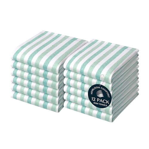 HEIRLOOM COMFORT Fiesta Stripe Dish Towels 12 Pack, 18x26 Inch, 100% Cotton, Ultra Absorbent & Reusable, Quick Drying Kitchen Towels for Cleaning, Cooking, Drying, Easy Care, Green Multicolor