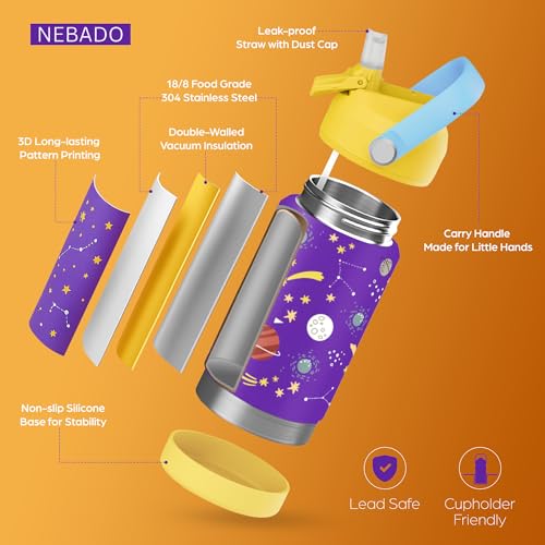 Image of Kids Stainless Steel Insulated Water Bottle with Straw 12oz - Leak Proof Toddler Thermos Cup for School, BPA Free with Handle & Non-Slip Silicone Base, Dishwasher Safe, Cosmic Purple