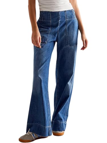 CHARTOU Women Boyfriend Wide Leg Denim Pants Back Smocked High Waist Jean Y2K Trendy Long Pants with Pockets2