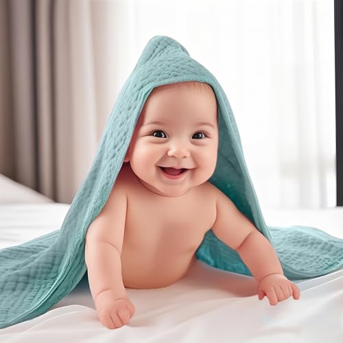Image of VitalCozy 12 Pcs Baby Muslin Hooded Bath Towels and Washcloths, Muslin Hooded Baby Towels Absorbent Blankets for Gift Newborn Infant Shower (Green Blue Gray)