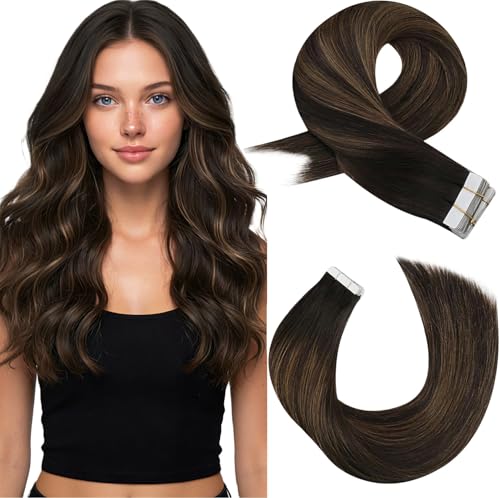 Image of Moresoo Brown Balayage Hair Extensions Tape in 22in 20Pcs 50g | Tape hair extensions real human hair, tonal brown highlights, straight texture, long layers for low ponytail styling