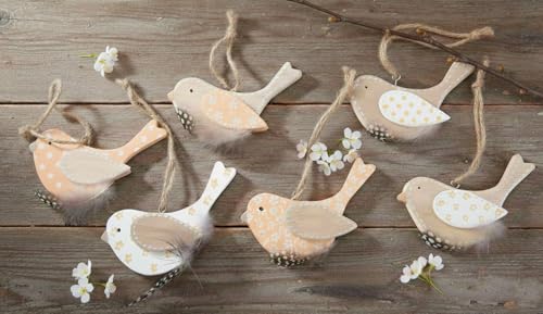 6er Set Anhänger Vögel mit Feder Deko Holz Vogel Holzanhänger Dekoanhänger Dekovögel (Vögel 6er Set)
