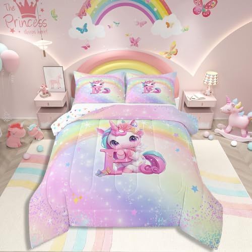 Kids Twin Comforter Set Pink Unicorn Bedding Set for Girls Colorf...